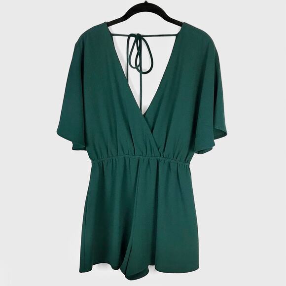Flowy Short Open Back Plunge V Neck Skort Romper Dark Green, Size XS - Picture 5 of 8